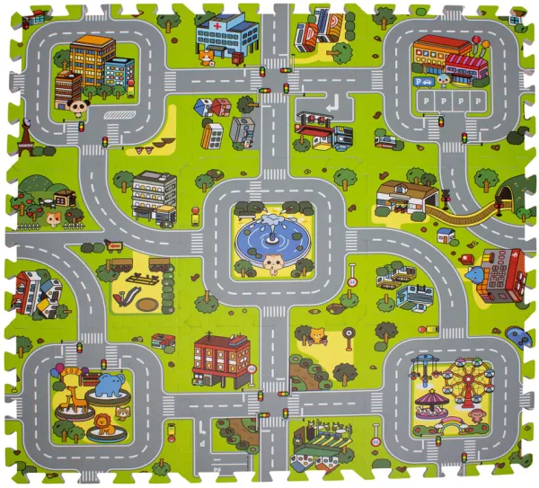 Lekematte med vei- og bymotiv, skum, 9 felt